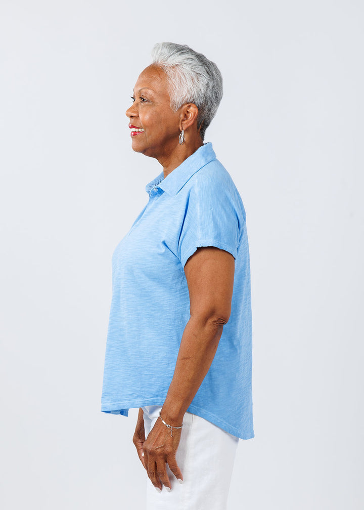 Elliott Lauren Charlotte Button Front Tee With Collar in Denim available at Barbara Katz