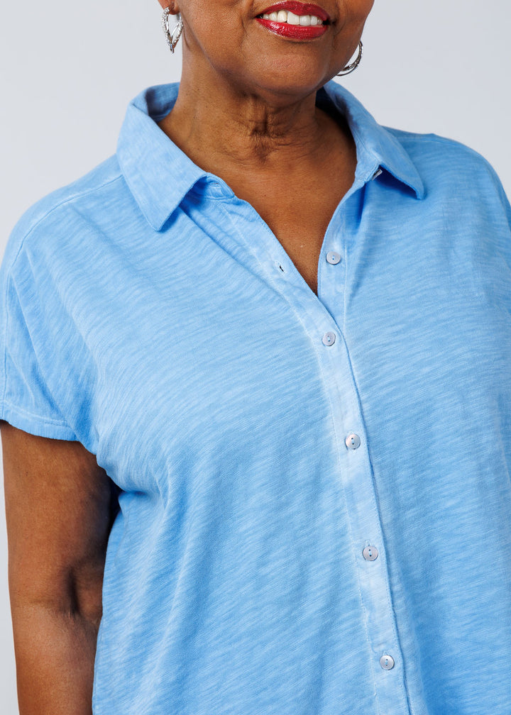 Elliott Lauren Charlotte Button Front Tee With Collar in Denim available at Barbara Katz