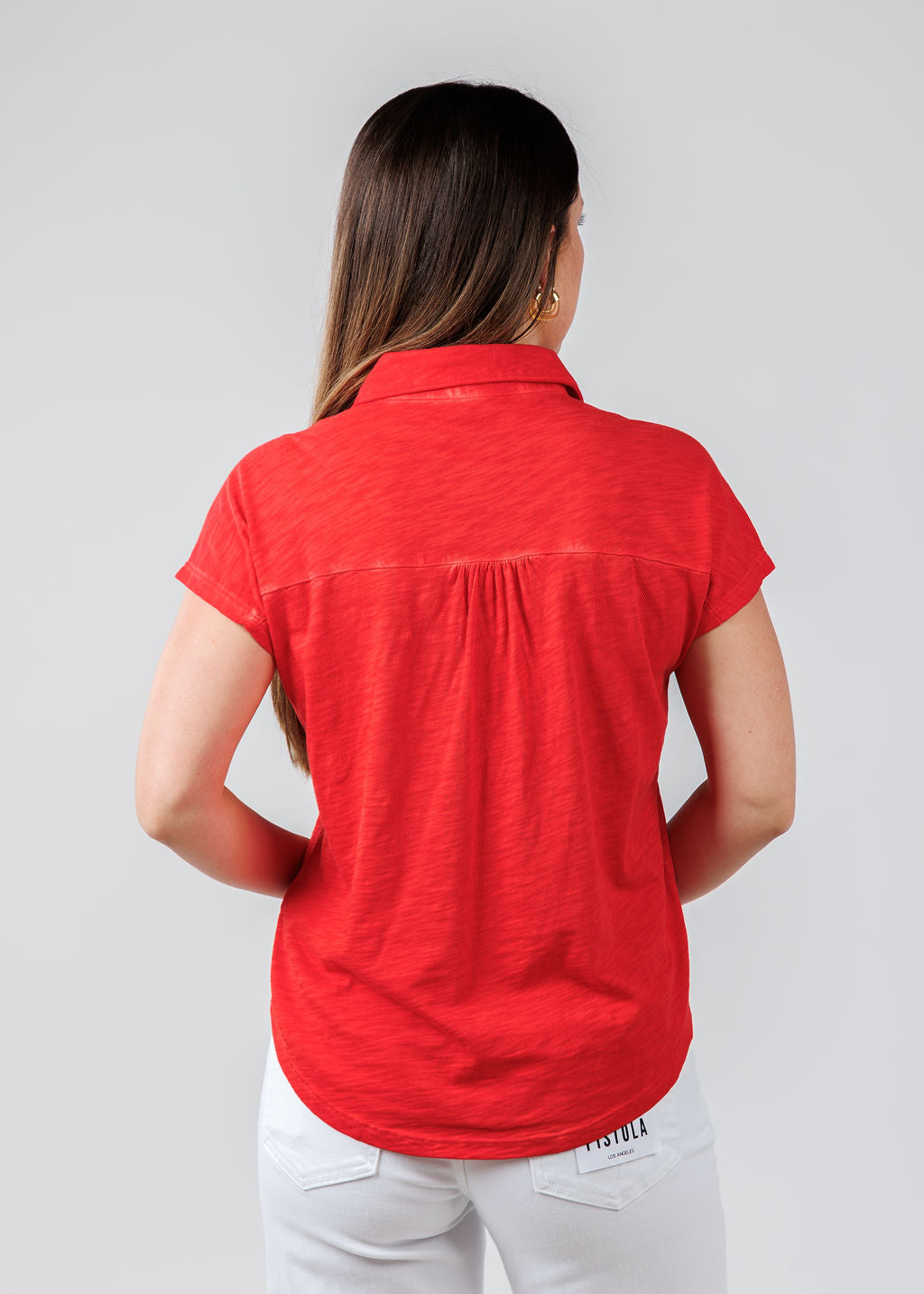 Elliott Lauren Charlotte Button Front Tee With Collar in Poppy available at Barbara Katz