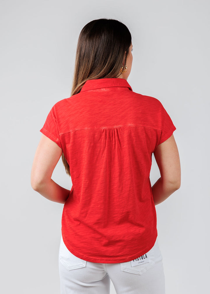 Elliott Lauren Charlotte Button Front Tee With Collar in Poppy available at Barbara Katz