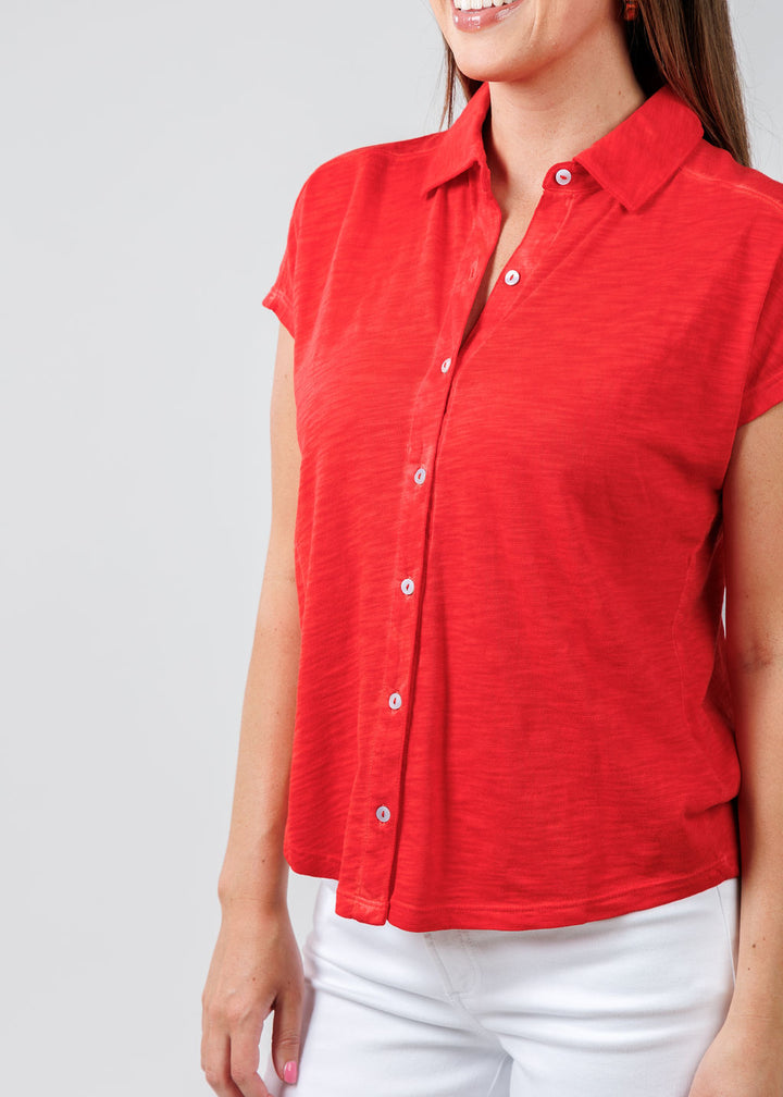 Elliott Lauren Charlotte Button Front Tee With Collar in Poppy available at Barbara Katz