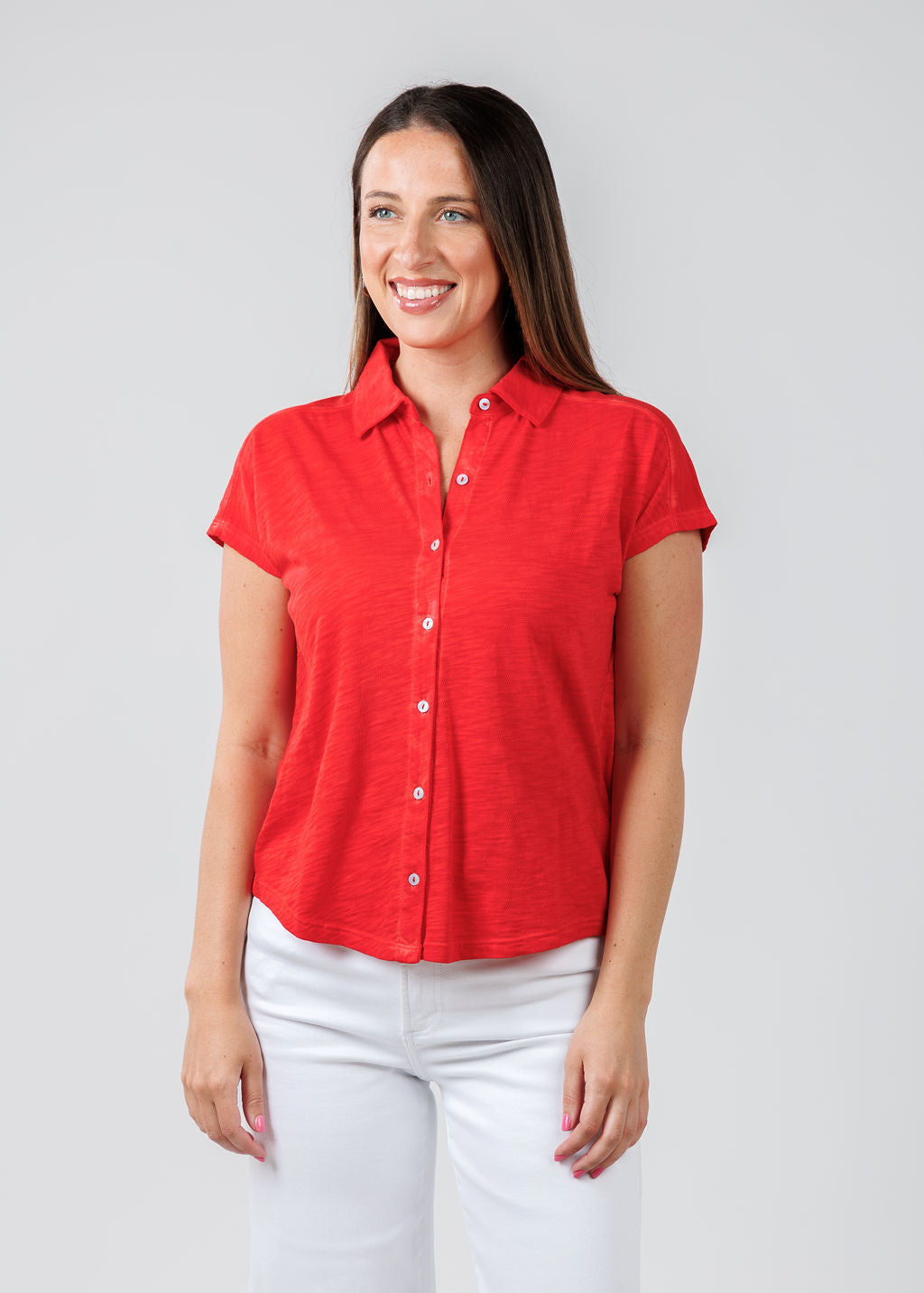 Elliott Lauren Charlotte Button Front Tee With Collar in Poppy available at Barbara Katz