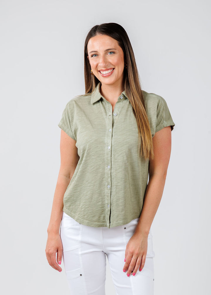 Elliott Lauren Charlotte Button Front Tee With Collar in Thyme available at Barbara Katz