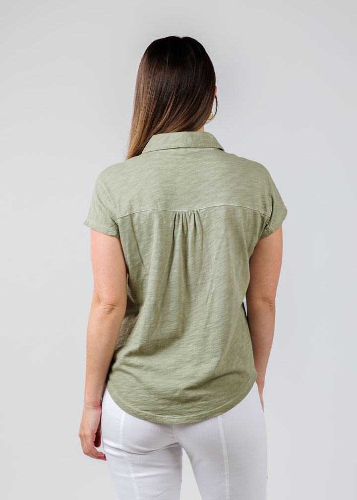 Elliott Lauren Charlotte Button Front Tee With Collar in Thyme available at Barbara Katz
