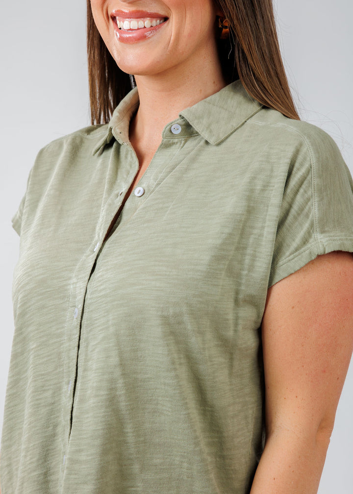 Elliott Lauren Charlotte Button Front Tee With Collar in Thyme available at Barbara Katz