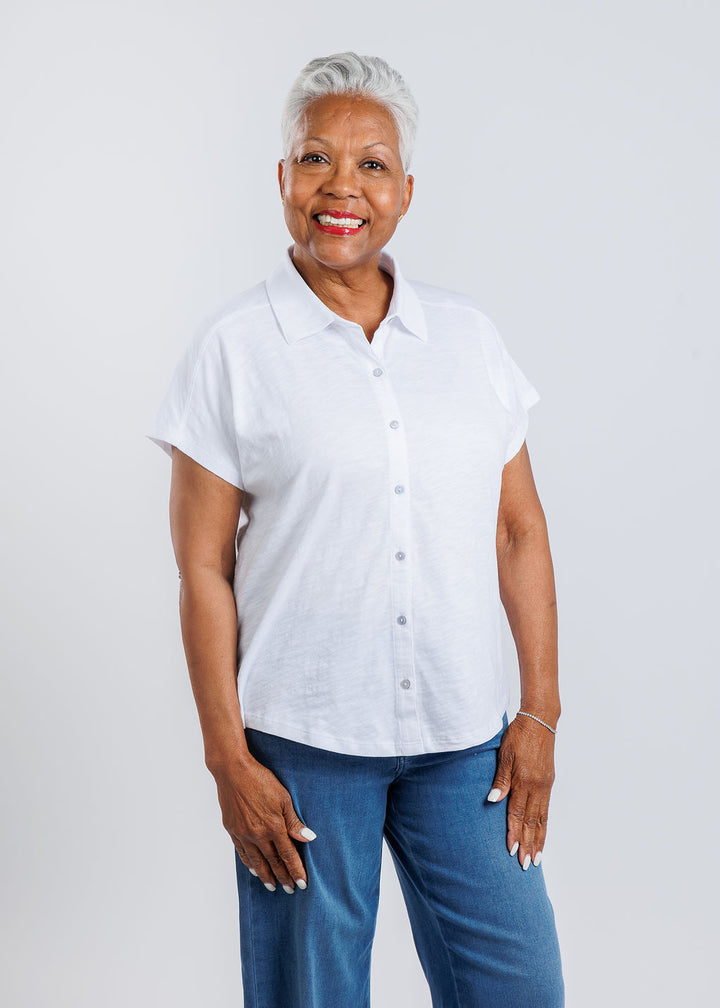 Elliott Lauren Charlotte Button Front Tee With Collar in White available at Barbara Katz