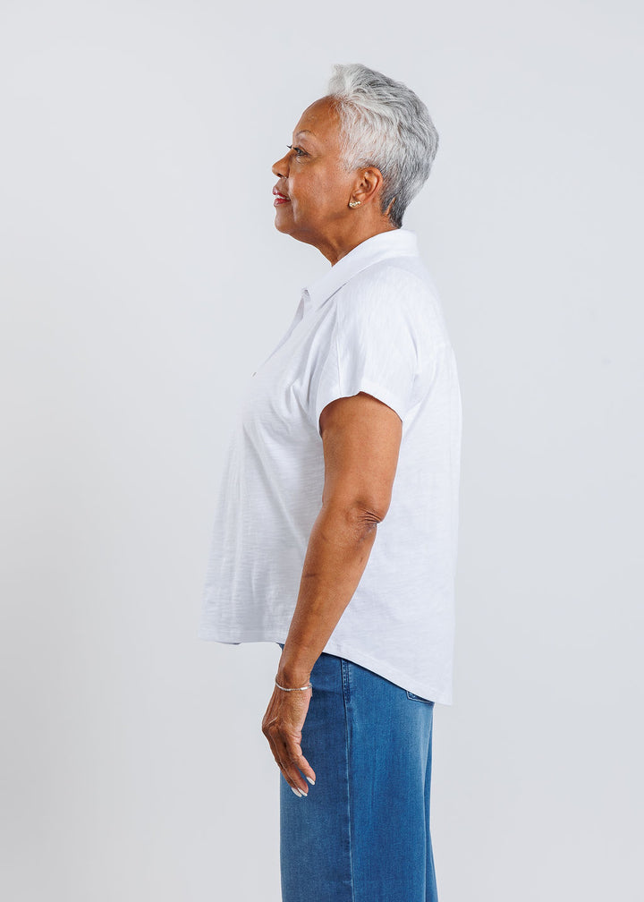Elliott Lauren Charlotte Button Front Tee With Collar in White available at Barbara Katz
