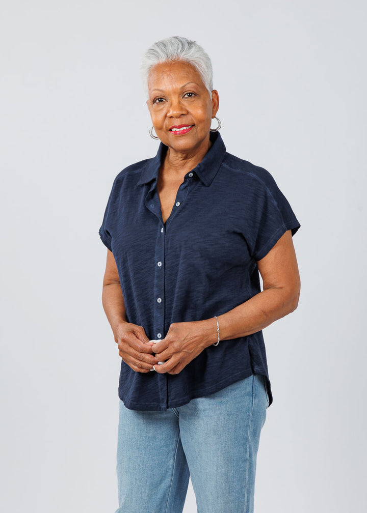Elliott Lauren Charlotte Button Front Tee With Collar in Navy available at Barbara Katz
