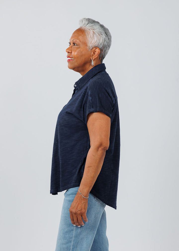 Elliott Lauren Charlotte Button Front Tee With Collar in Navy available at Barbara Katz