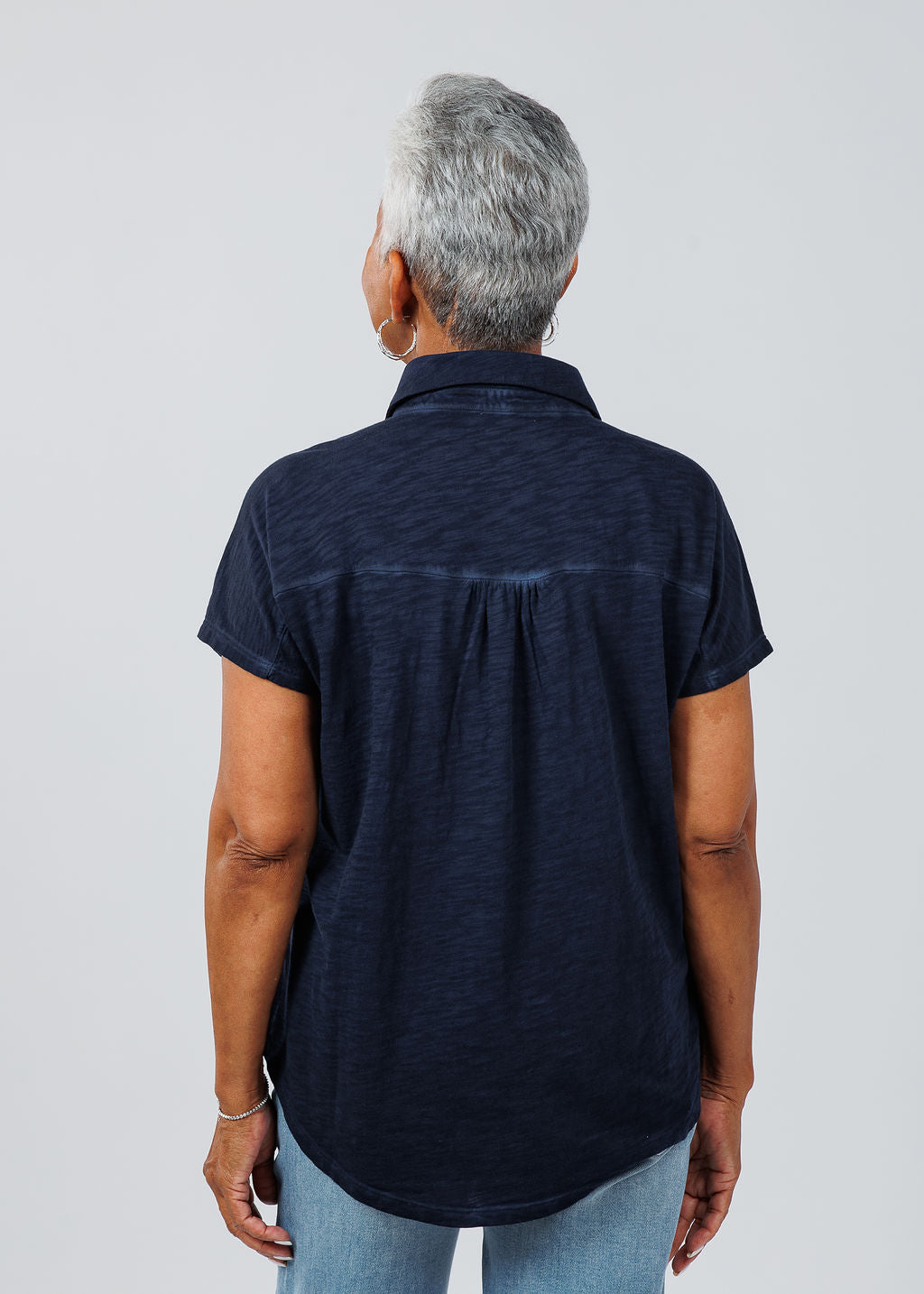 Elliott Lauren Charlotte Button Front Tee With Collar in Navy available at Barbara Katz