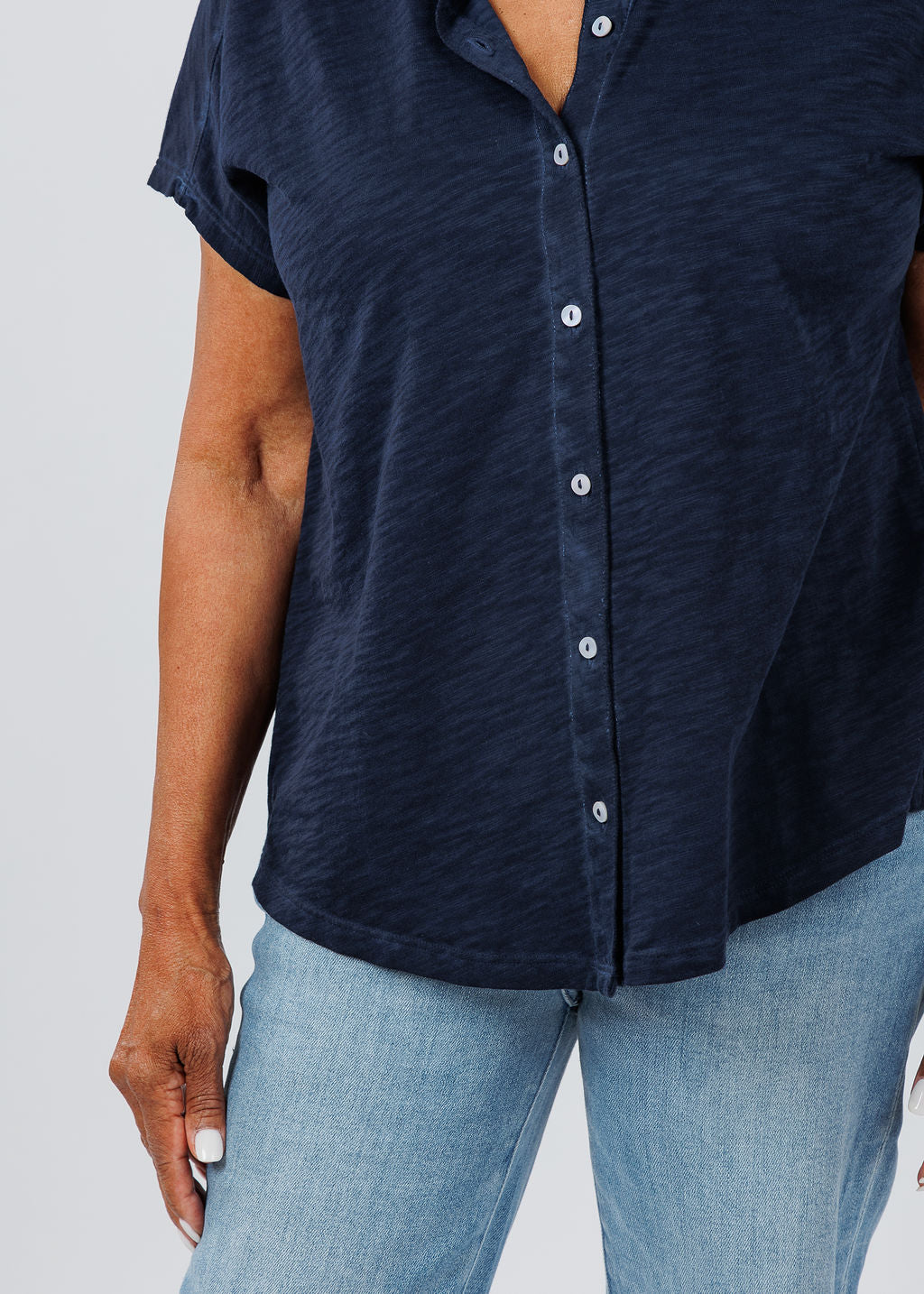 Elliott Lauren Charlotte Button Front Tee With Collar in Navy available at Barbara Katz
