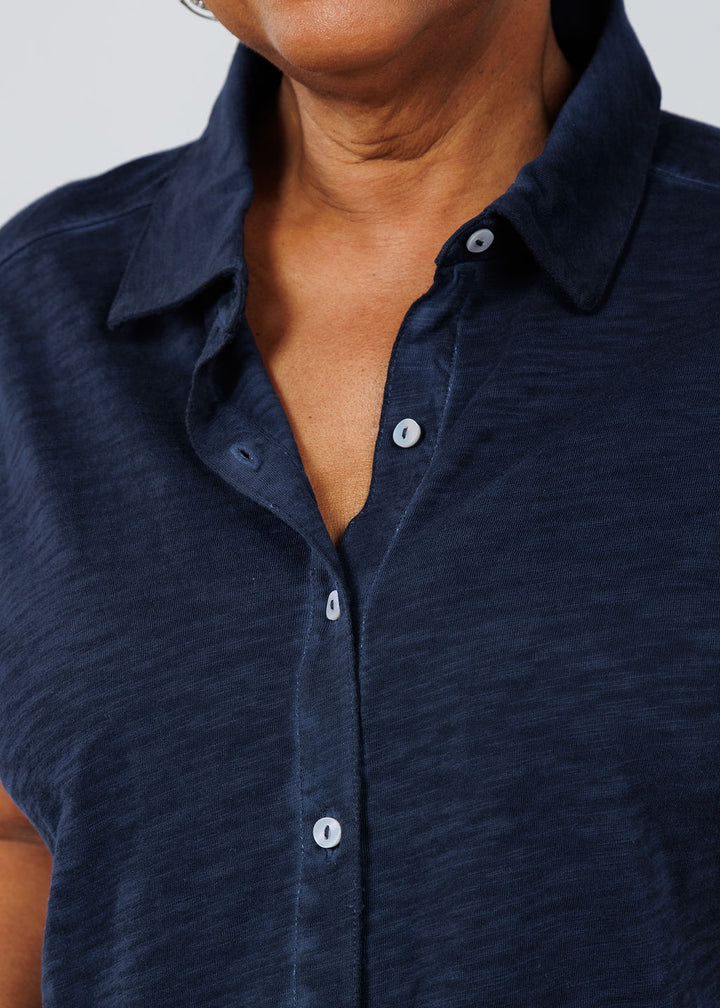 Elliott Lauren Charlotte Button Front Tee With Collar in Navy available at Barbara Katz