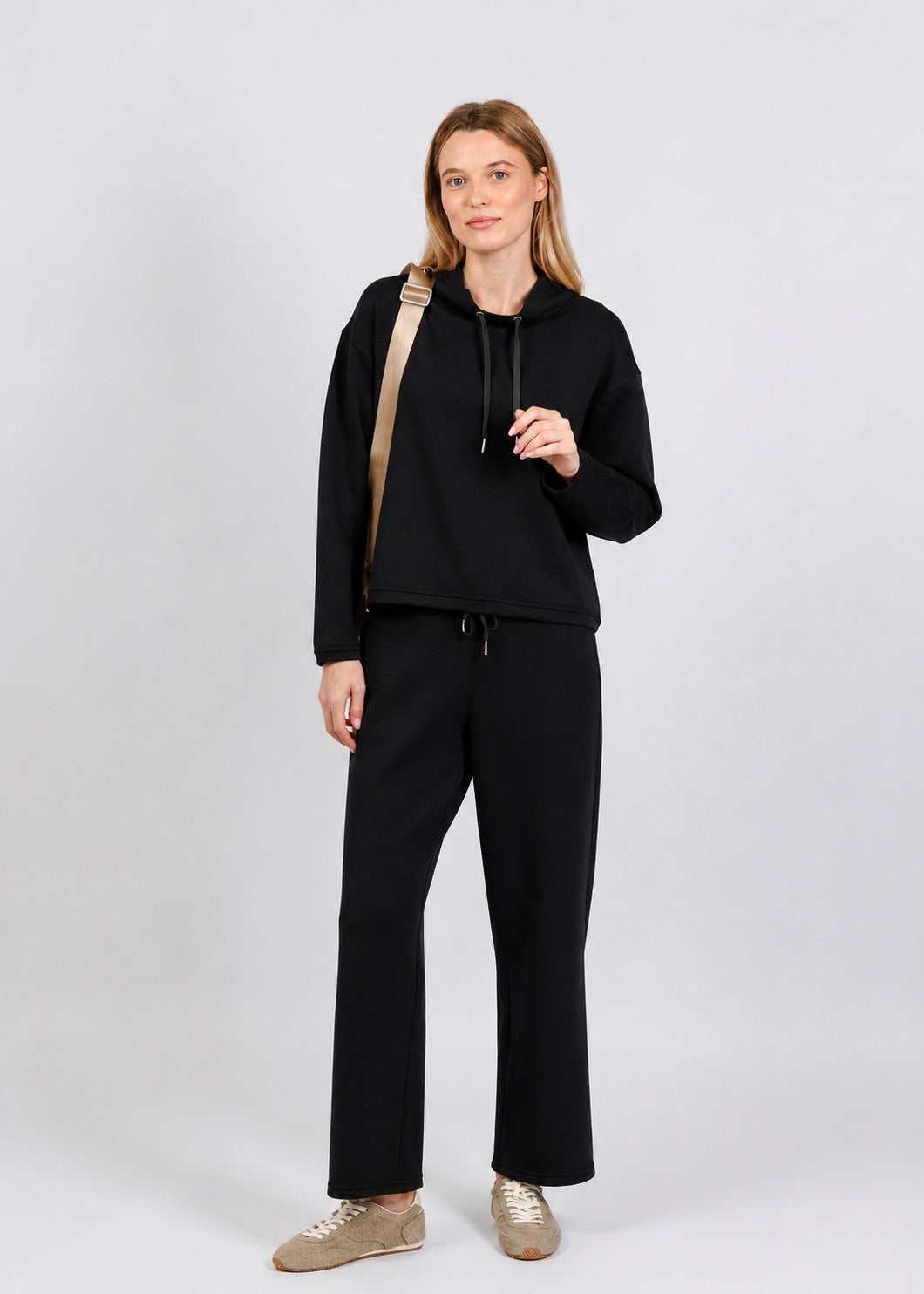 Elliott Lauren Comfort Zone Funnel Neck Top in Black paired with matching Comfort Zone Straight Leg Pant available at Barbara Katz