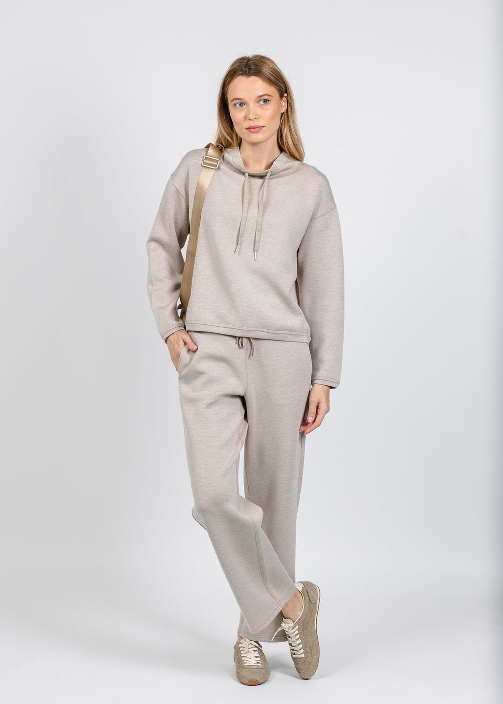 Elliott Lauren Comfort Zone Funnel Neck Top in Tapioca paired with matching Comfort Zone Straight Leg Pant available at Barbara Katz
