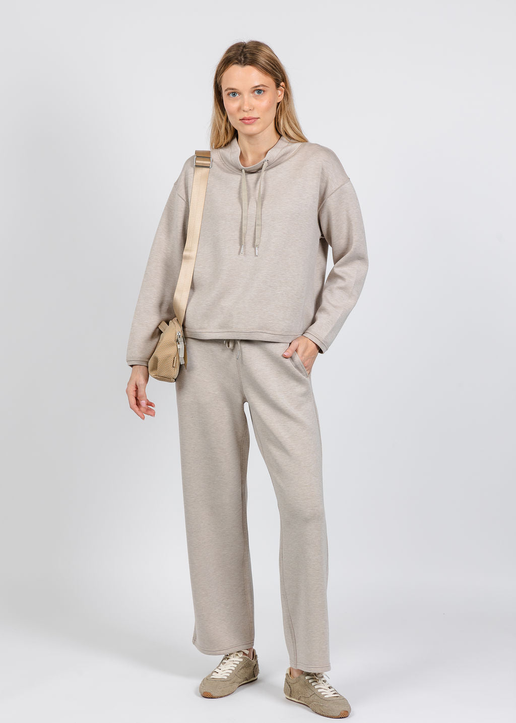 Elliott Lauren Comfort Zone Funnel Neck Top in Tapioca paired with matching Comfort Zone Straight Leg Pant available at Barbara Katz