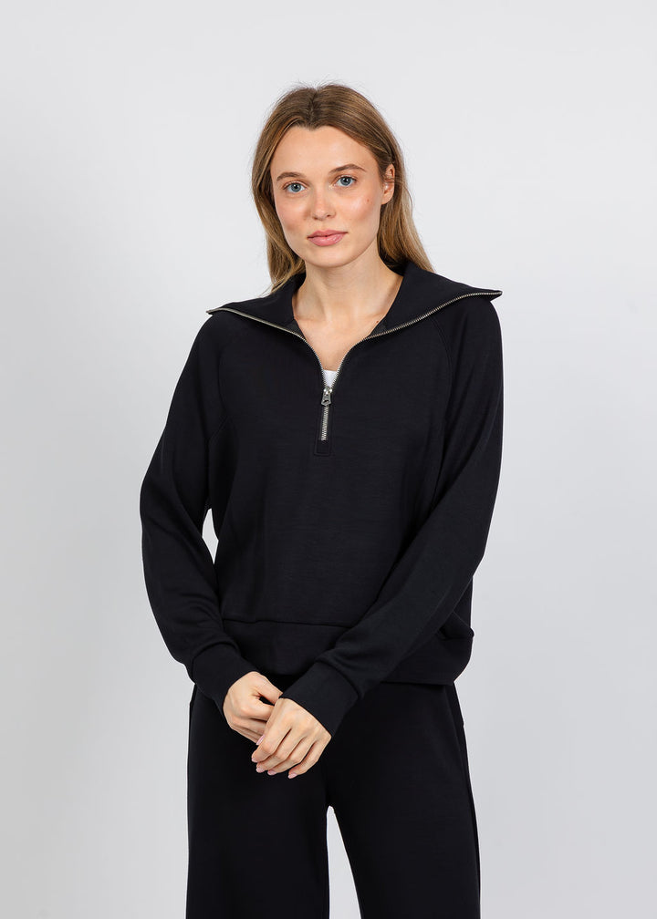 Elliott Lauren Comfort Zone Half Zip Seam Top in Black available at Barbara Katz