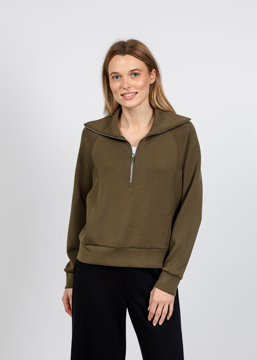 Elliott Lauren Comfort Zone Half Zip Seam Top in Olive available at Barbara Katz