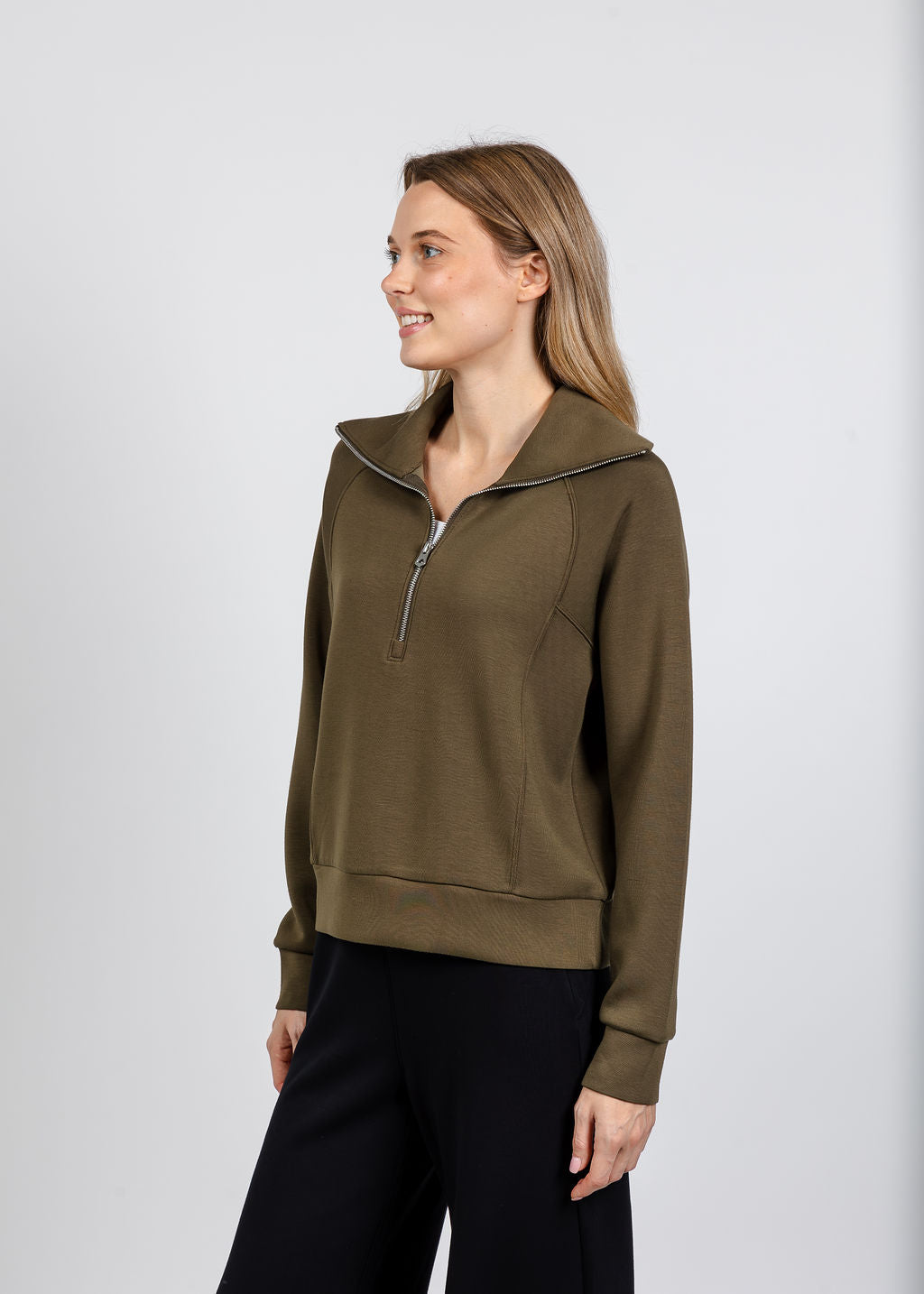 Elliott Lauren Comfort Zone Half Zip Seam Top in Olive available at Barbara Katz