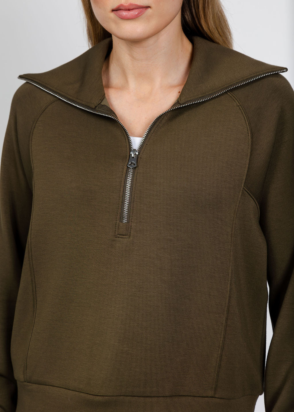 Elliott Lauren Comfort Zone Half Zip Seam Top in Olive available at Barbara Katz