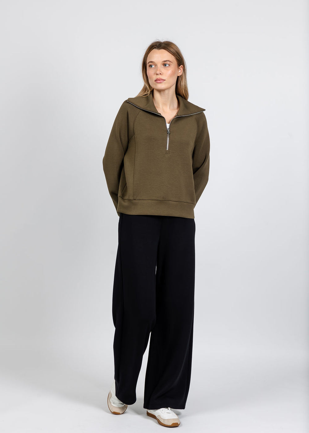 Elliott Lauren Comfort Zone Half Zip Seam Top in Olive available at Barbara Katz