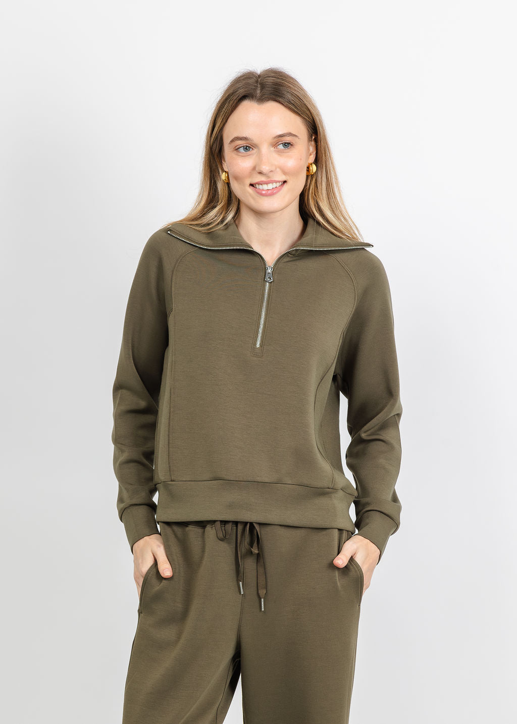 Elliott Lauren Comfort Zone Half Zip Seam Top in Olive available at Barbara Katz