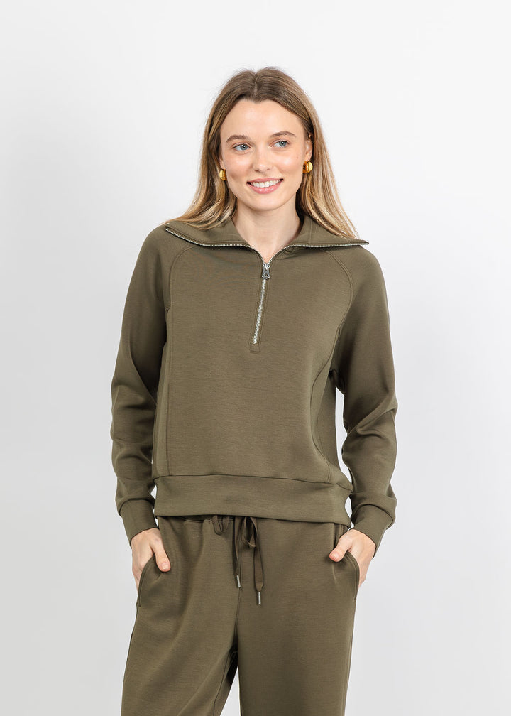 Elliott Lauren Comfort Zone Half Zip Seam Top in Olive available at Barbara Katz