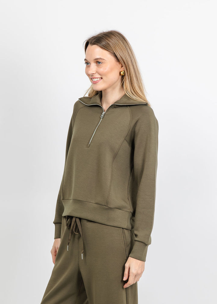 Elliott Lauren Comfort Zone Half Zip Seam Top in Olive available at Barbara Katz