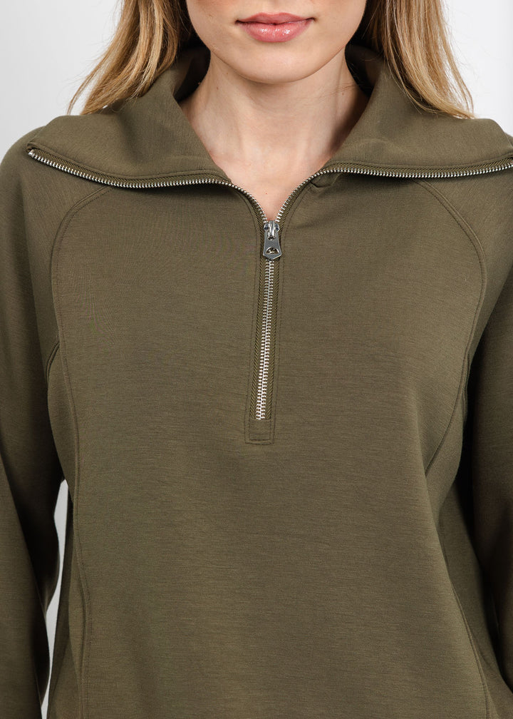 Elliott Lauren Comfort Zone Half Zip Seam Top in Olive available at Barbara Katz
