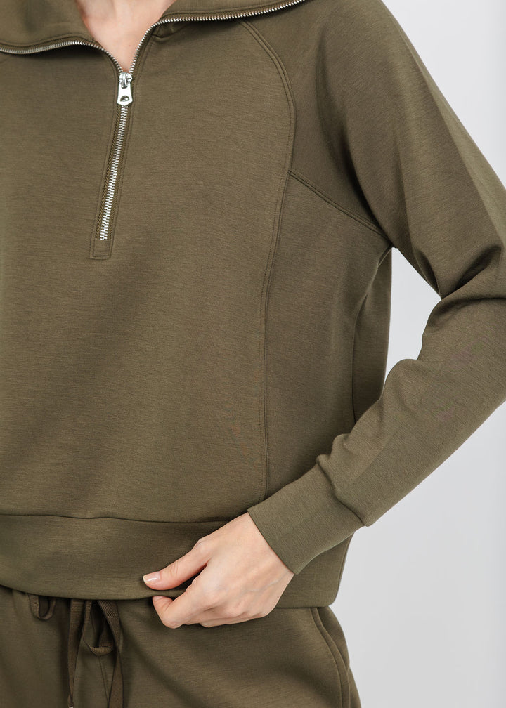 Elliott Lauren Comfort Zone Half Zip Seam Top in Olive available at Barbara Katz