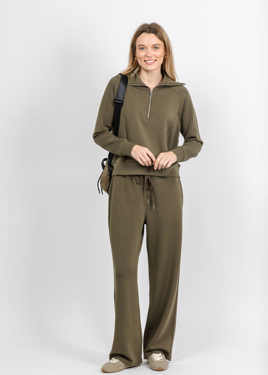 Elliott Lauren Comfort Zone Half Zip Seam Top and Wide Leg Pant in Olive available at Barbara Katz