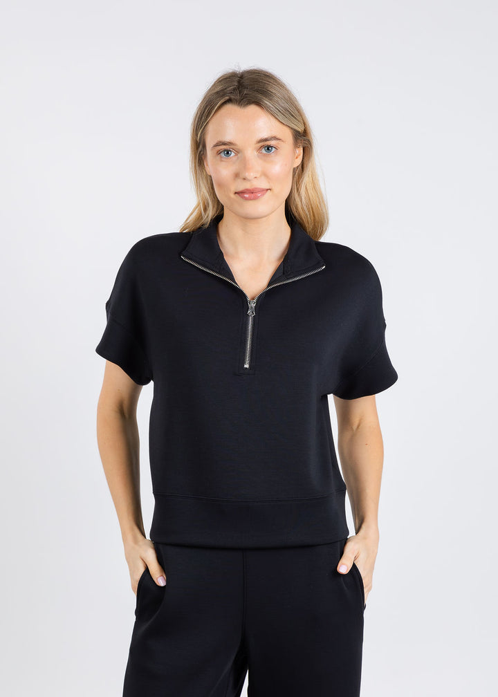 Elliott Lauren Comfort Zone Quarter Zip Short Sleeve Sweater in Black available at Barbara Katz