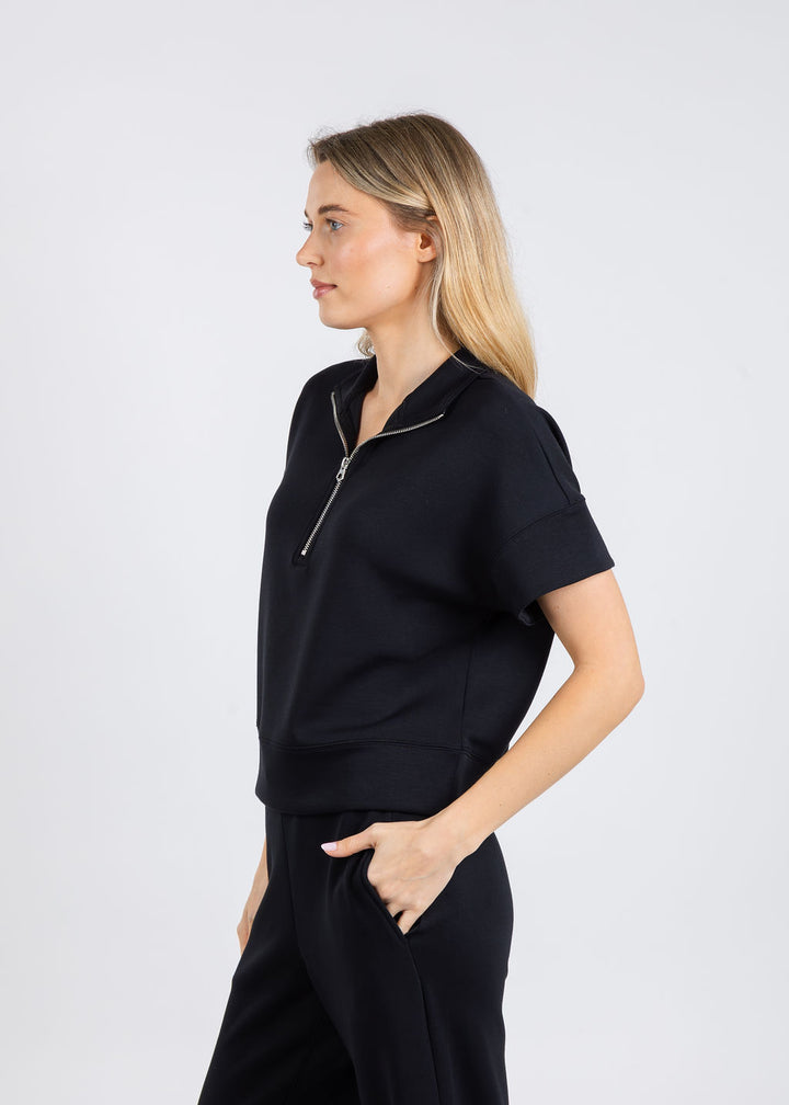 Elliott Lauren Comfort Zone Quarter Zip Short Sleeve Sweater in Black available at Barbara Katz