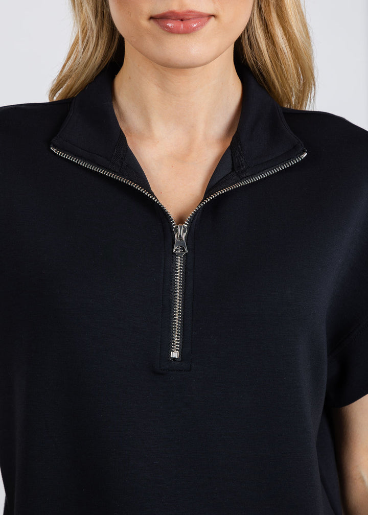 Elliott Lauren Comfort Zone Quarter Zip Short Sleeve Sweater in Black available at Barbara Katz