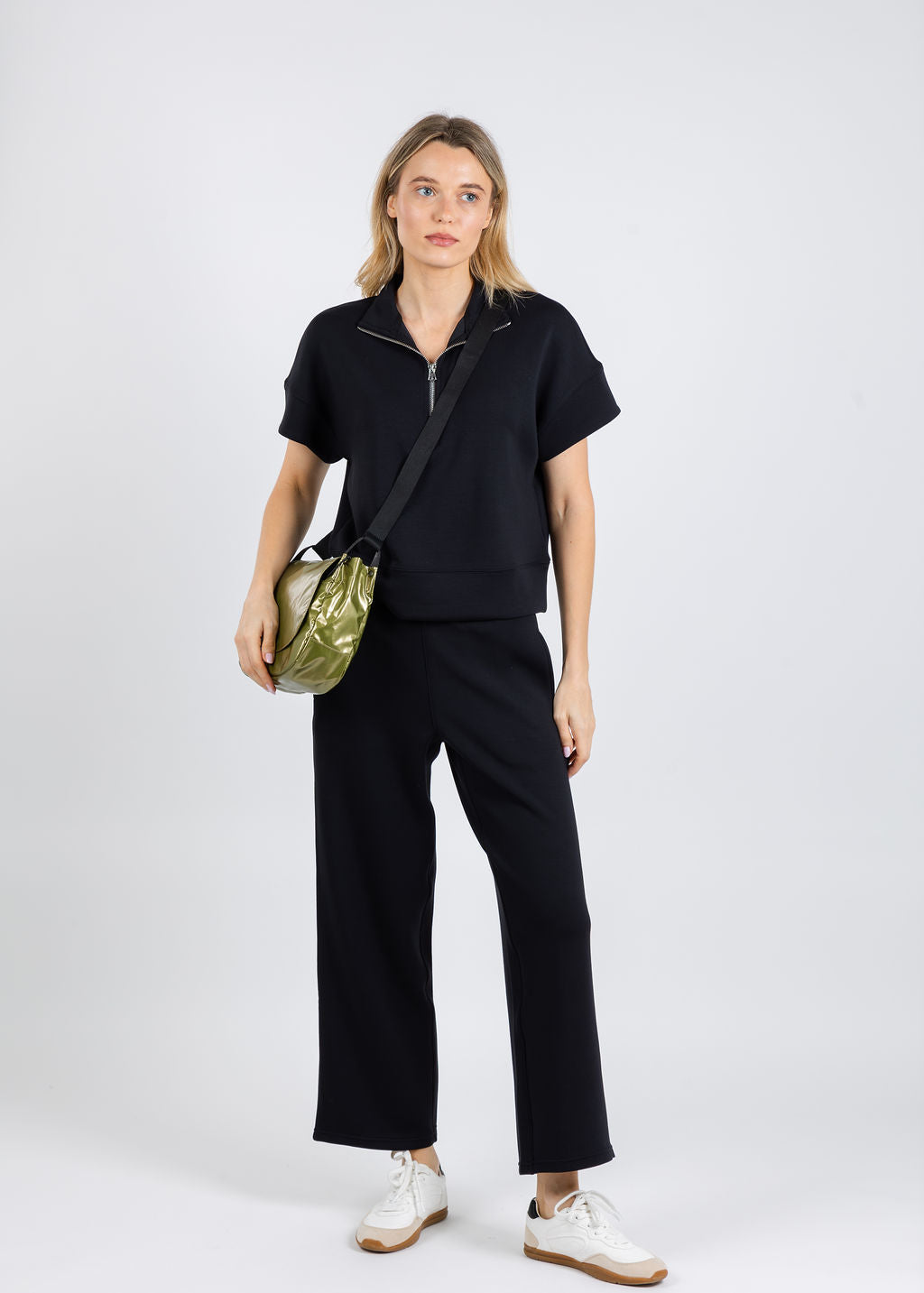 Elliott Lauren Comfort Zone Quarter Zip Short Sleeve Sweater & Comfort Zone Pull-On Pants in Black available at Barbara Katz