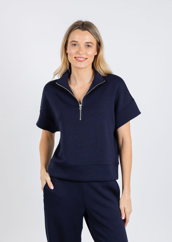 Elliott Lauren Comfort Zone Quarter Zip Short Sleeve Sweater in Navy available at Barbara Katz