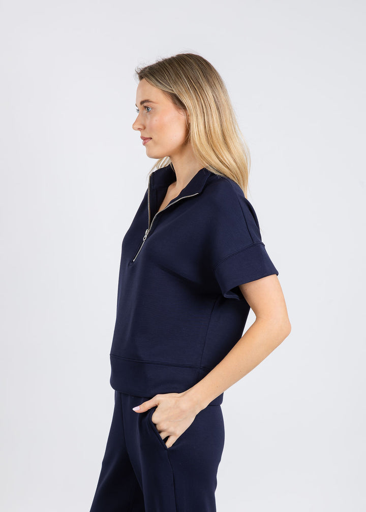 Elliott Lauren Comfort Zone Quarter Zip Short Sleeve Sweater in Navy available at Barbara Katz