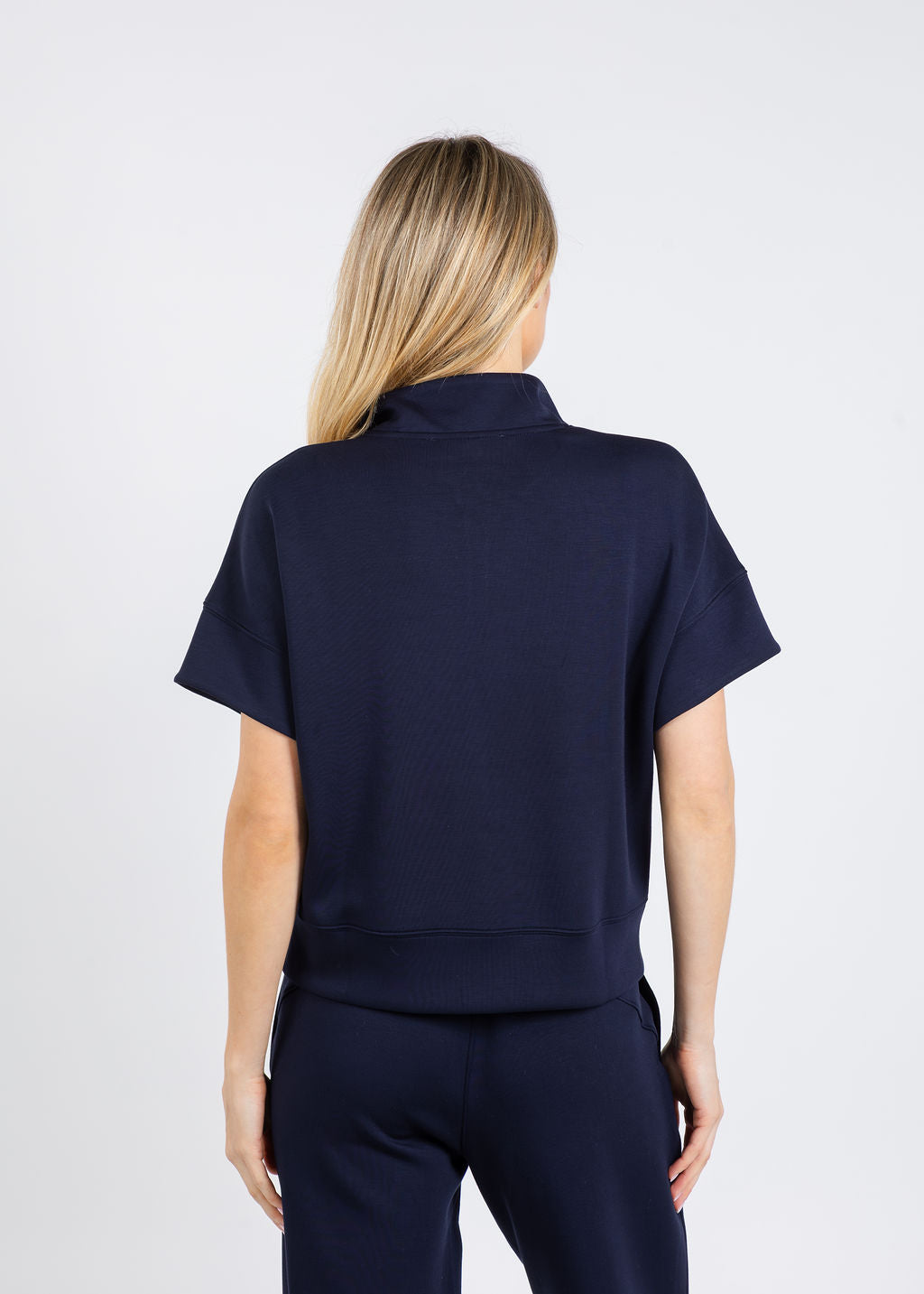 Elliott Lauren Comfort Zone Quarter Zip Short Sleeve Sweater in Navy available at Barbara Katz