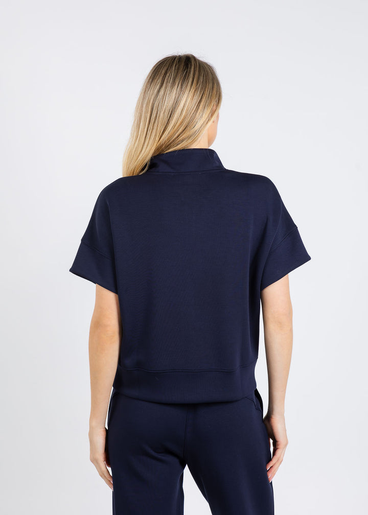 Elliott Lauren Comfort Zone Quarter Zip Short Sleeve Sweater in Navy available at Barbara Katz