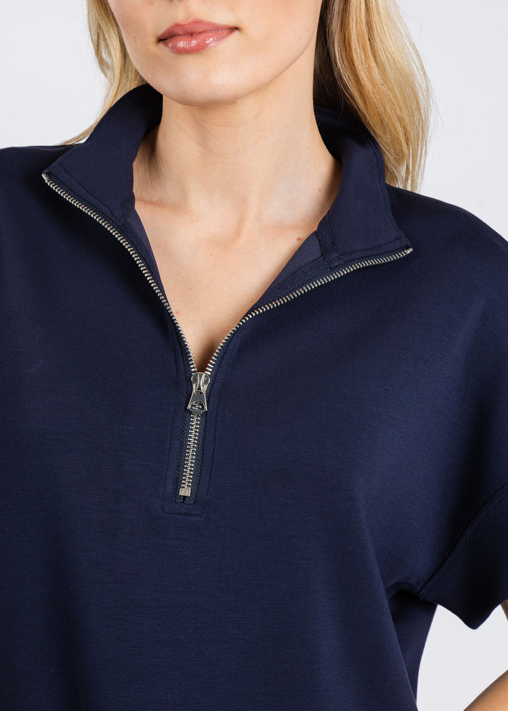 Elliott Lauren Comfort Zone Quarter Zip Short Sleeve Sweater in Navy available at Barbara Katz