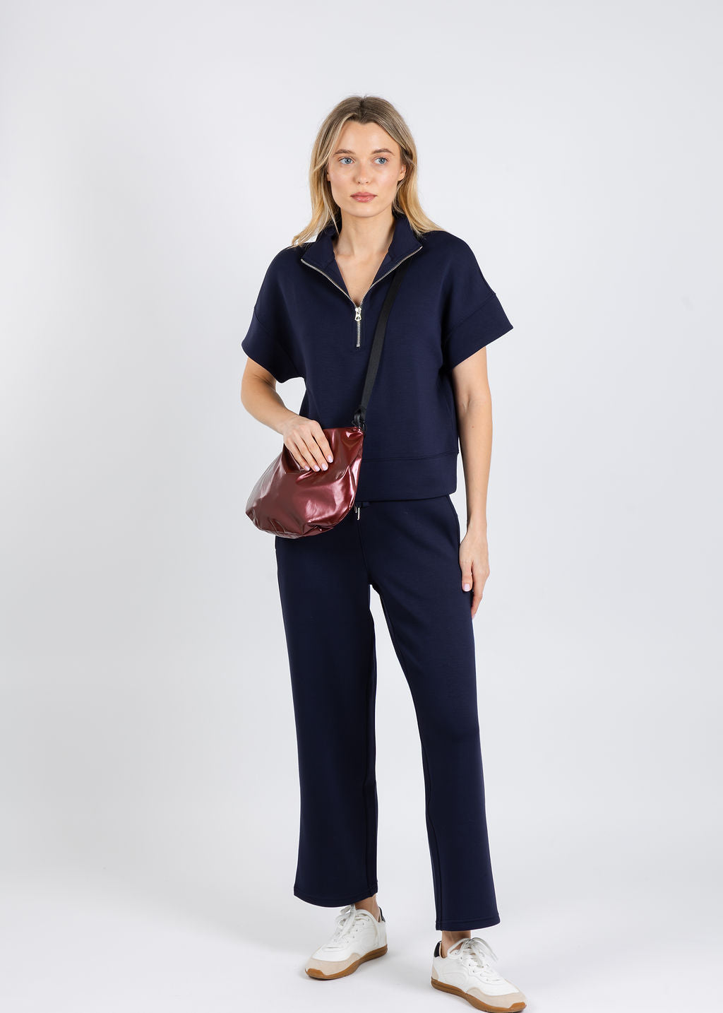 Elliott Lauren Comfort Zone Quarter Zip Short Sleeve Sweater & Comfort Zone Pull-On Pants in Navy available at Barbara Katz