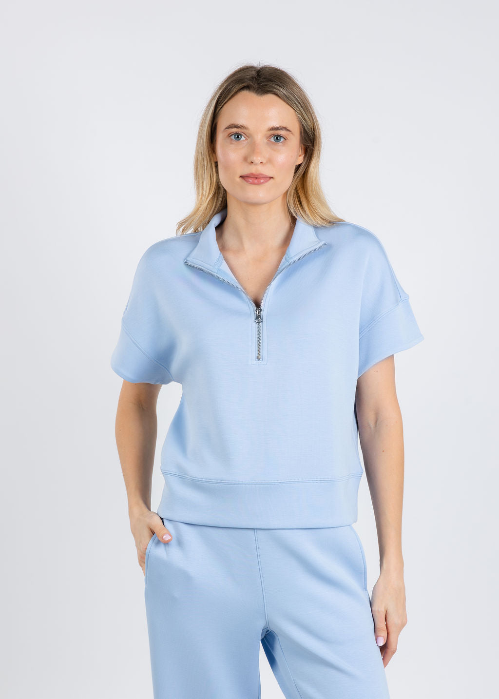 Elliott Lauren Comfort Zone Quarter Zip Short Sleeve Sweater in Sky Blue available at Barbara Katz