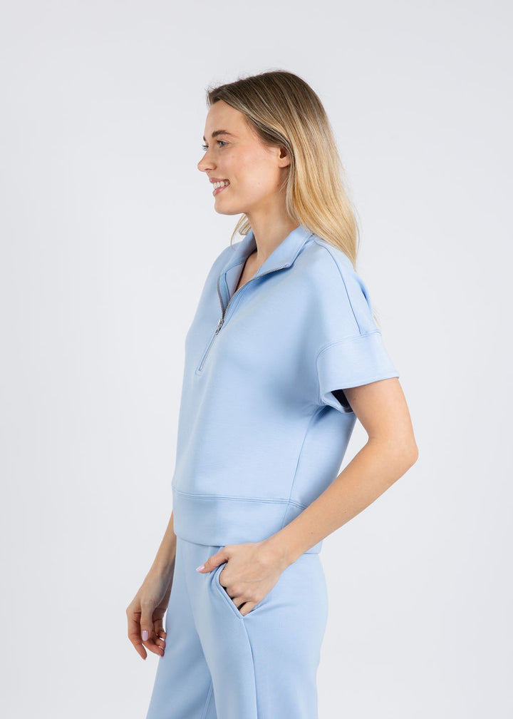 Elliott Lauren Comfort Zone Quarter Zip Short Sleeve Sweater in Sky Blue available at Barbara Katz