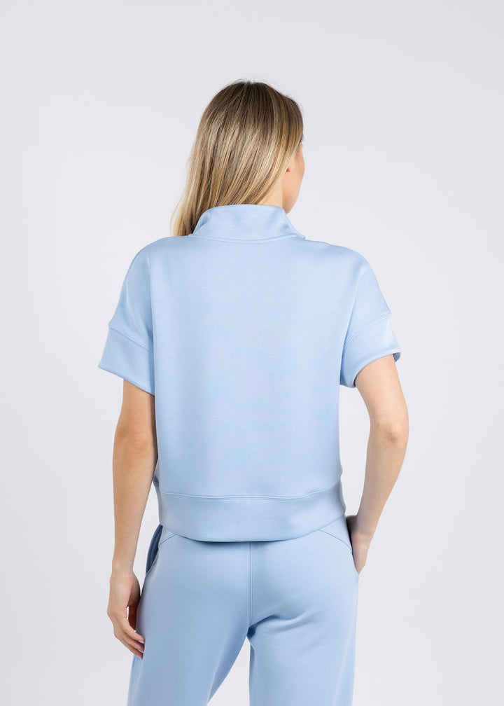 Elliott Lauren Comfort Zone Quarter Zip Short Sleeve Sweater in Sky Blue available at Barbara Katz