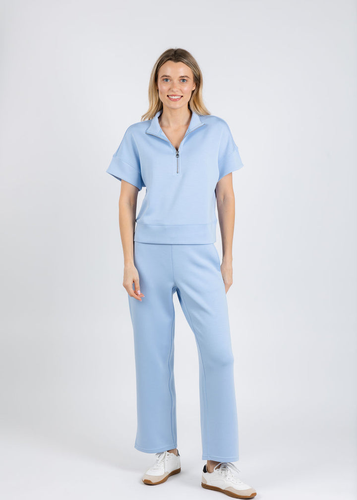 Elliott Lauren Comfort Zone Quarter Zip Short Sleeve Sweater & Comfort Zone Pull-On Pants in Sky Blue available at Barbara Katz