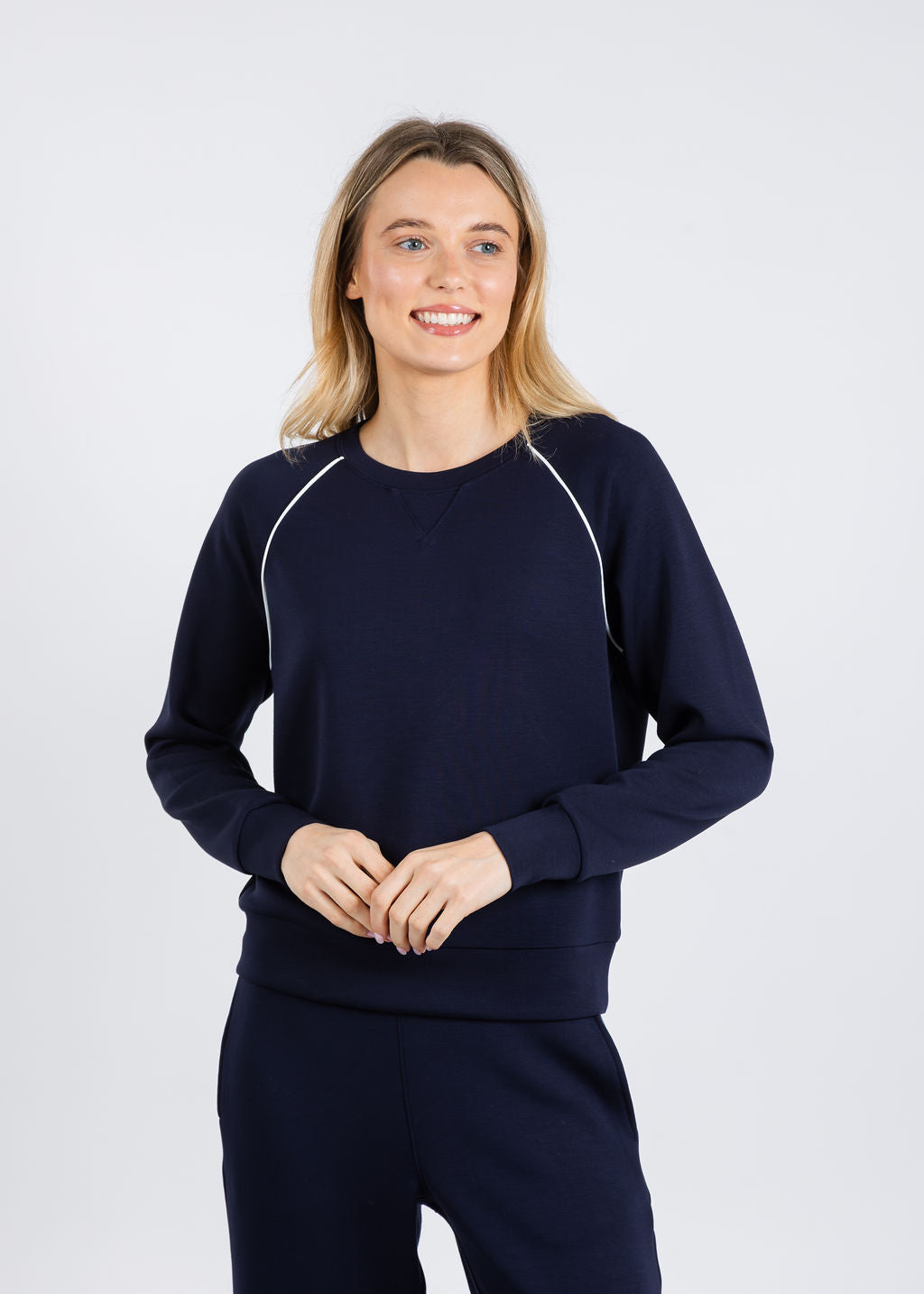 Elliott Lauren Comfort Zone Raglan Sleeve Pullover Sweater in Navy available at Barbara Katz