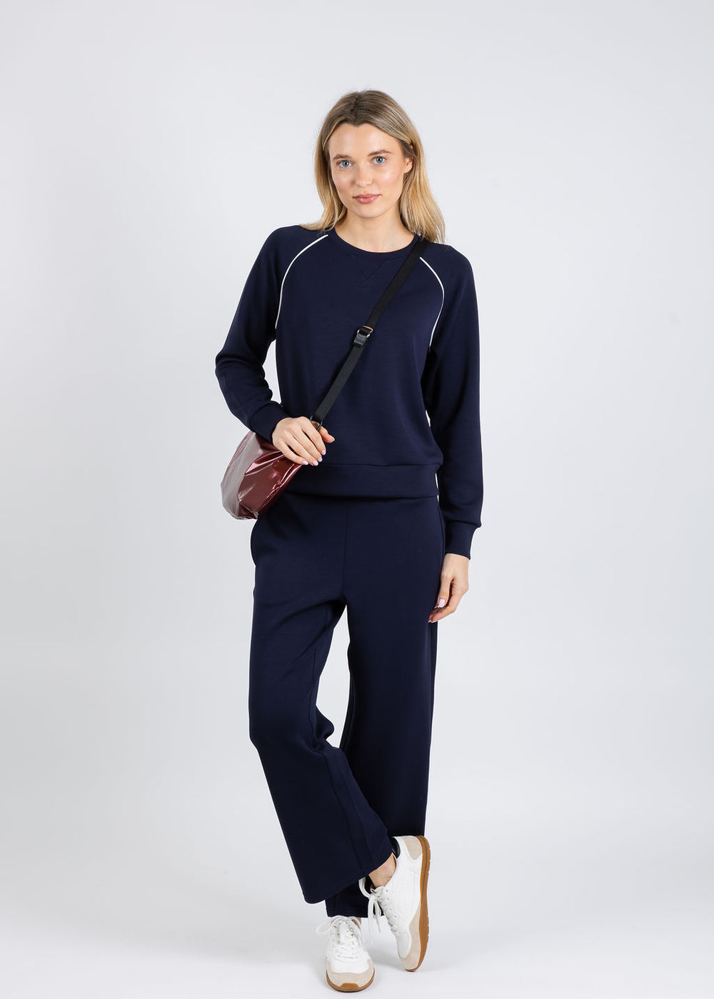 Elliott Lauren Comfort Zone Raglan Sleeve Pullover Sweater & Comfort Zone Pull-On Pants in Navy available at Barbara Katz