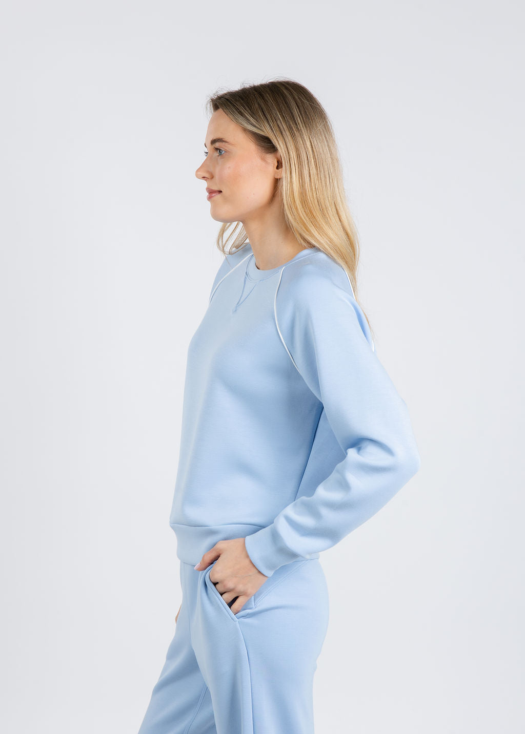 Elliott Lauren Comfort Zone Raglan Sleeve Pullover Sweater in Sky Blue available at Barbara Katz