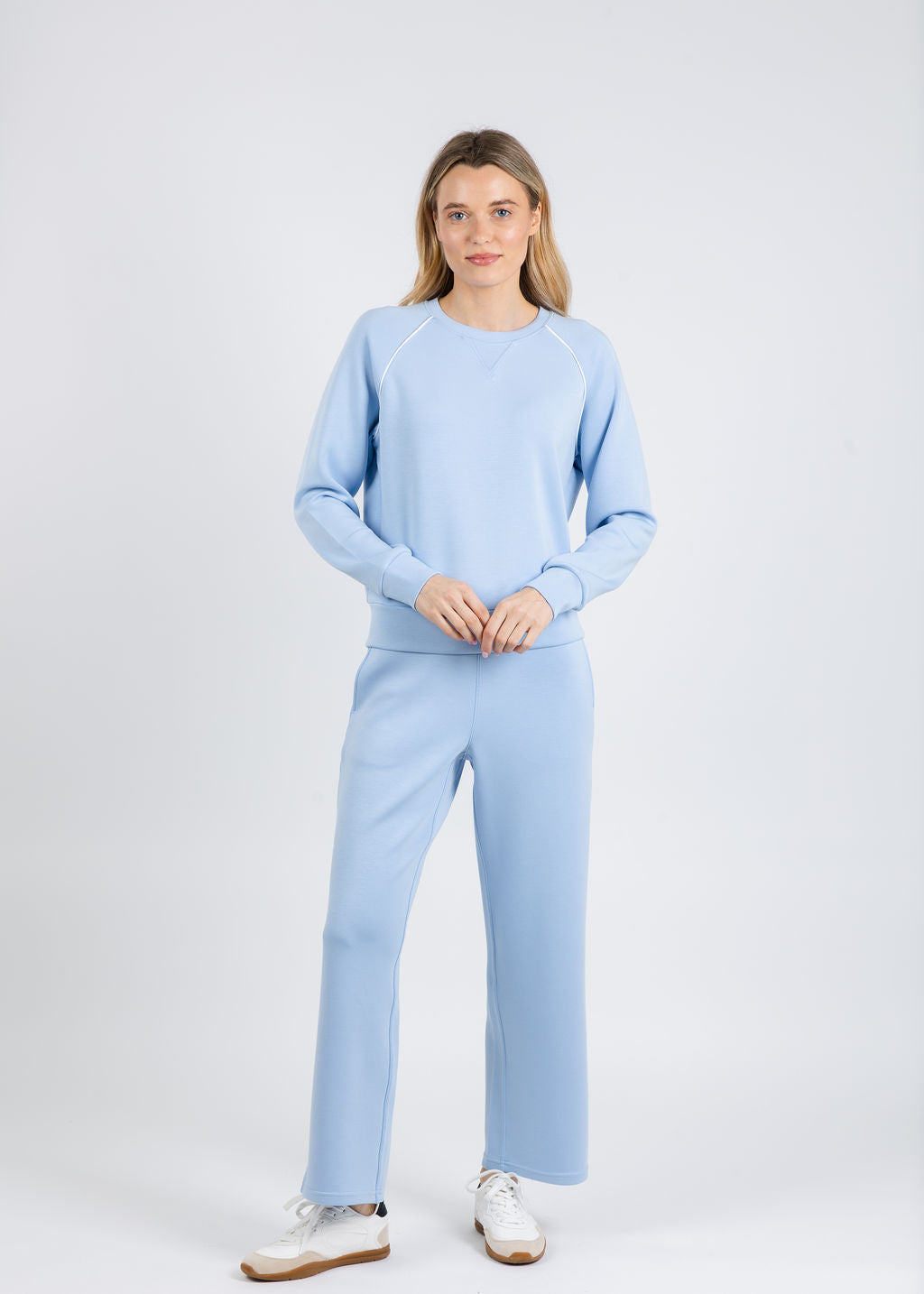 Elliott Lauren Comfort Zone Raglan Sleeve Pullover Sweater & Comfort Zone Pull-On Pants in Sky Blue available at Barbara Katz