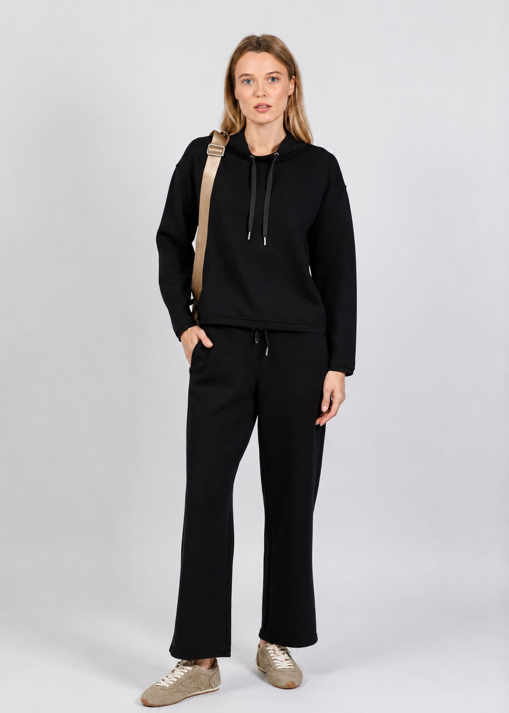 Elliott Lauren Comfort Zone Funnel Neck Top in Black paired with matching Comfort Zone Straight Leg Pant available at Barbara Katz