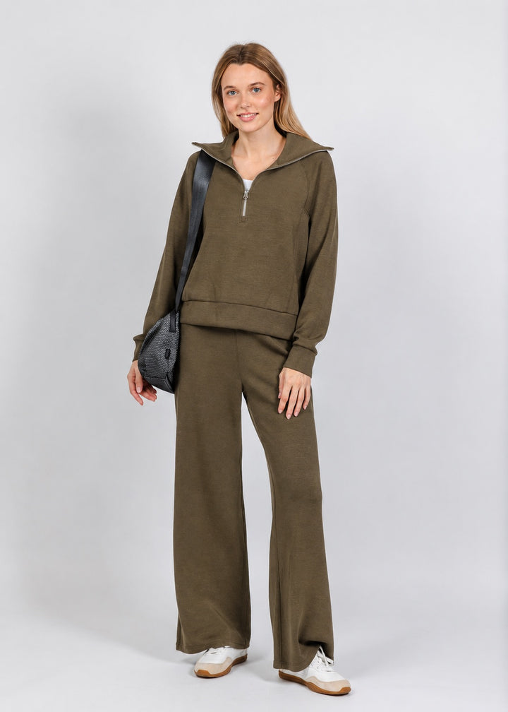 Elliott Lauren Comfort Zone Half Zip Seam Top in Olive paired with matching Comfort Zone Wide Leg Pant available at Barbara Katz